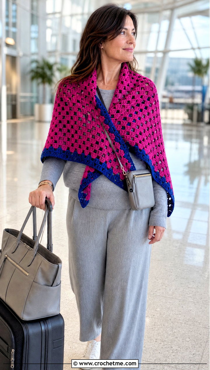 Reversible Granny Square Triangle Shawl With Travel Set - 30 granny square triangle shawl outfit ideas