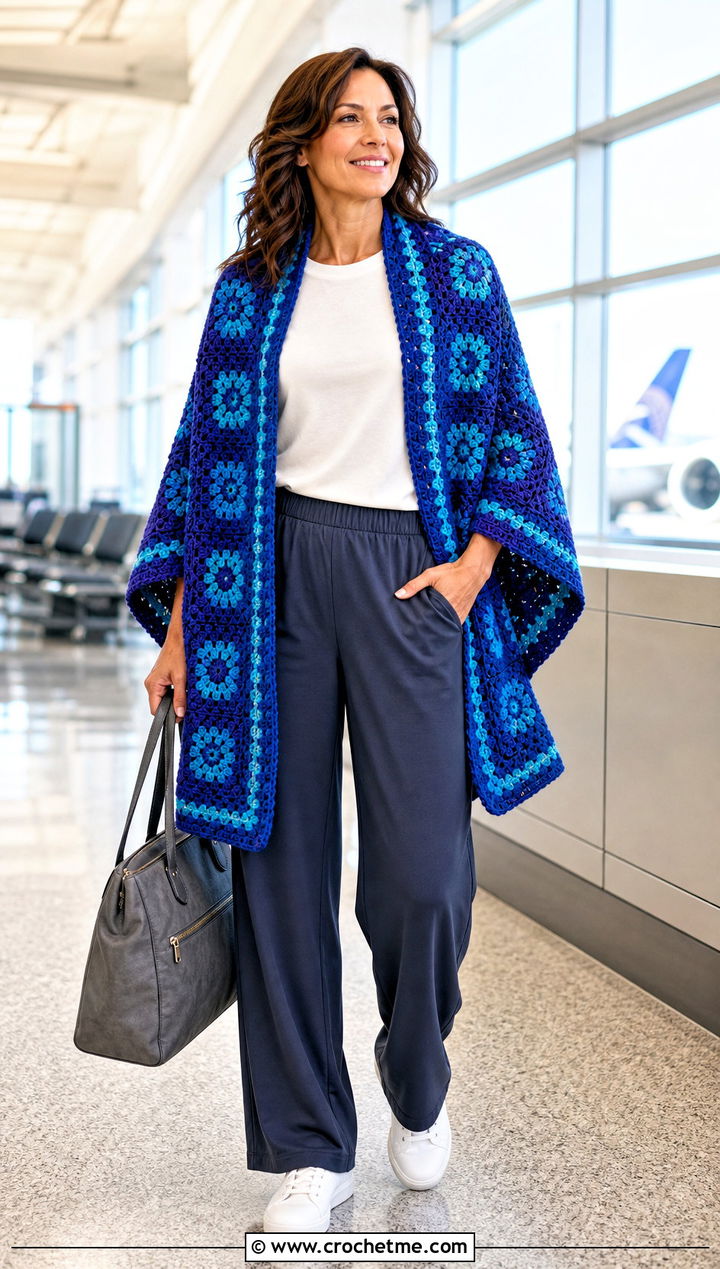 Reversible Granny Square Wrap With Travel Outfit - 30 granny square wrap outfit ideas