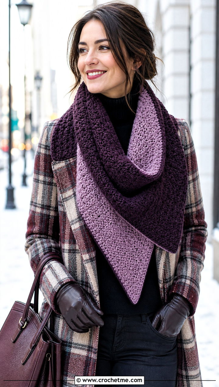 Reversible HDC Crochet Scarf With Plaid Coat - 20 Hdc Crochet Scarf outfit ideas