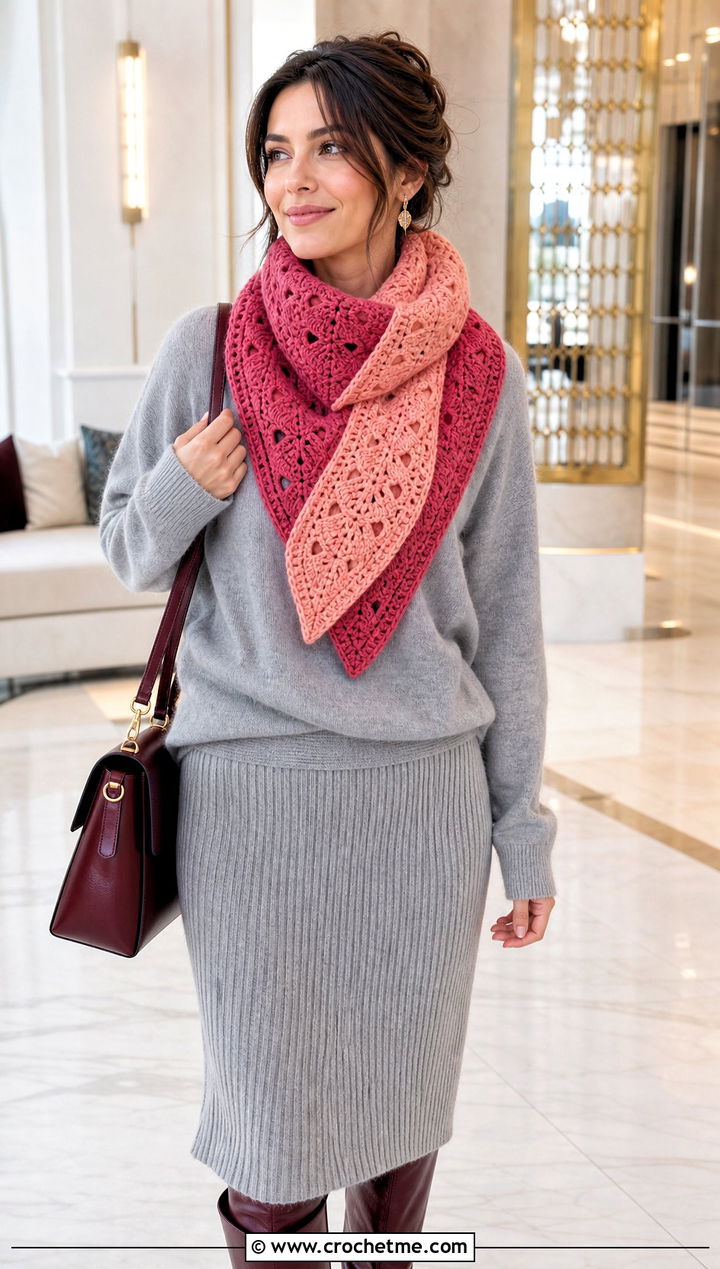 Reversible Heart Scarf With Monochrome Knit Set - 25 crochet heart scarf outfit ideas
