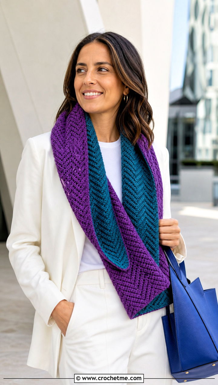 Reversible Herringbone Crochet Scarf With Monochrome Suit - 15 Herringbone Crochet Scarf outfit ideas