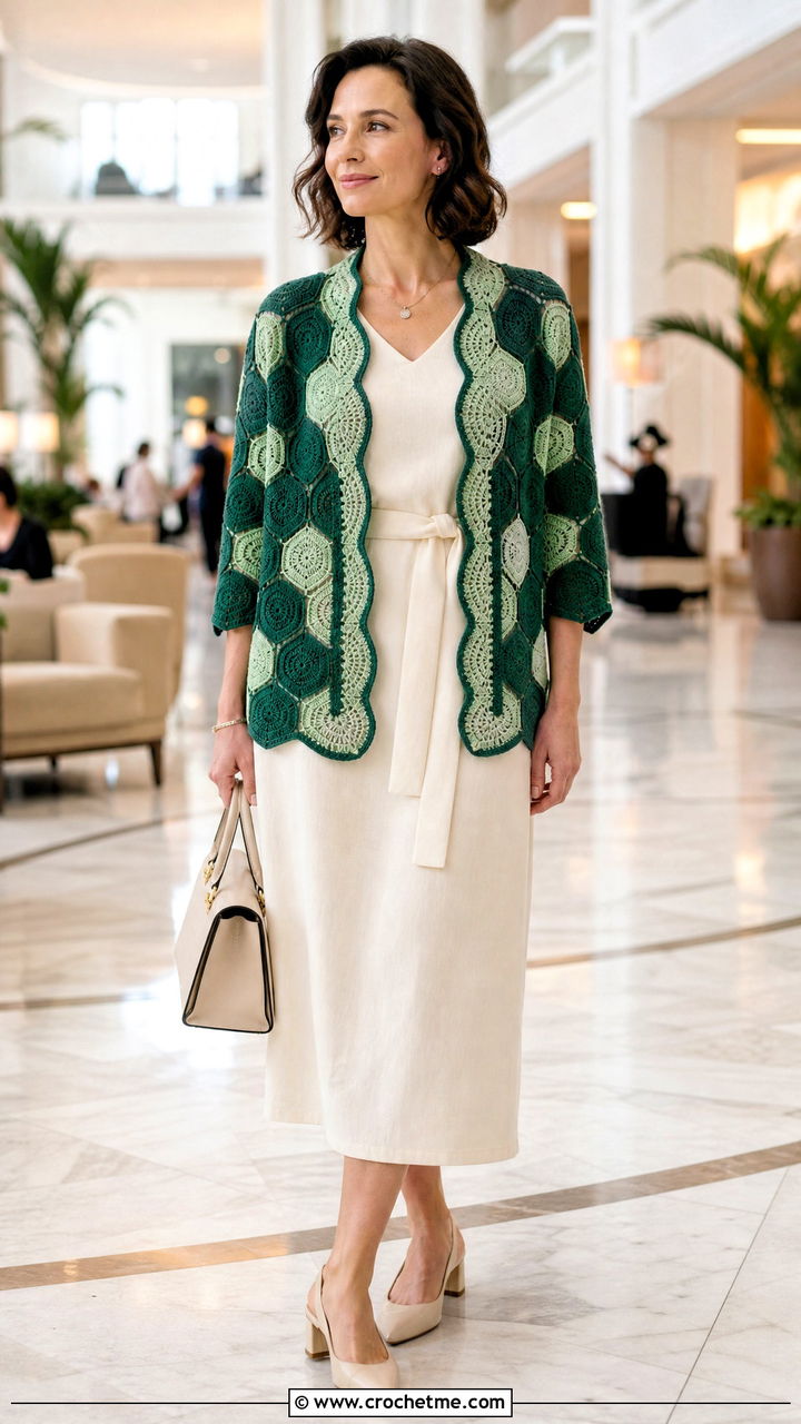 Reversible Hexagon Cardigan With Midi Dress - 35 crochet hexagon sweater outfit ideas