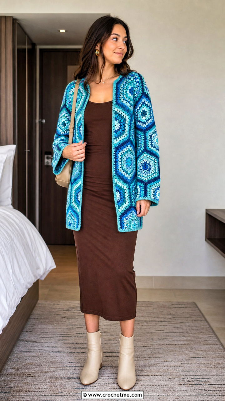 Reversible Hexagon Granny Square Cardigan With Tank Dress - 35 hexagon granny square cardigan outfit ideas