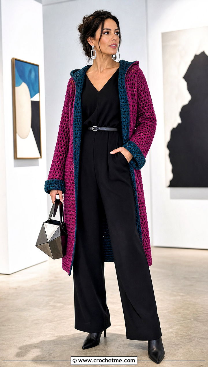 Reversible Hooded Crochet Cardigan With Jumpsuit - 35 hooded crochet cardigan outfit ideas