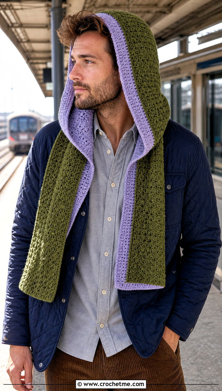 Reversible Hooded Scarf With Quilted Jacket - 20 Crochet Hooded Scarf For Men outfit ideas