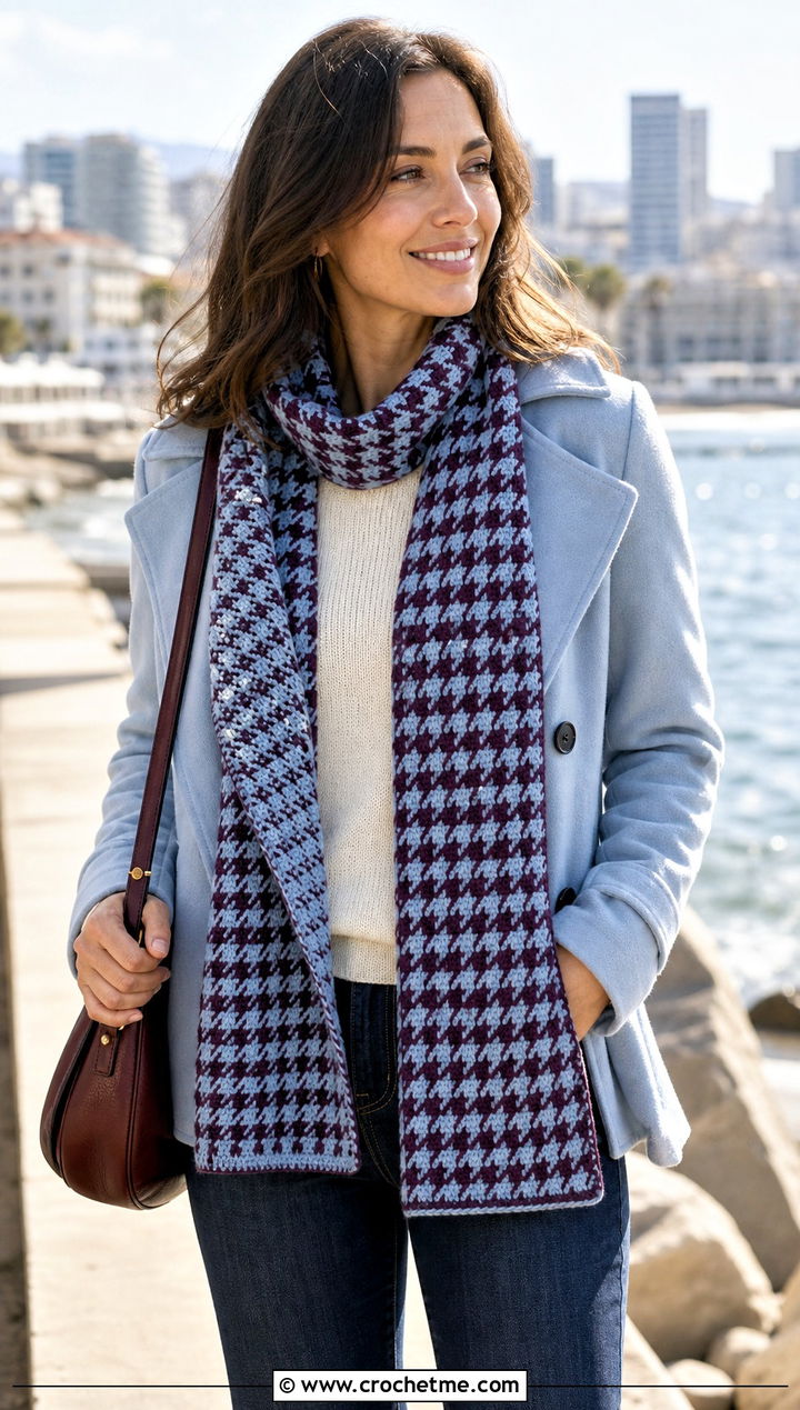 Reversible Houndstooth Crochet Scarf With Peacoat - 15 Houndstooth Crochet Scarf outfit ideas