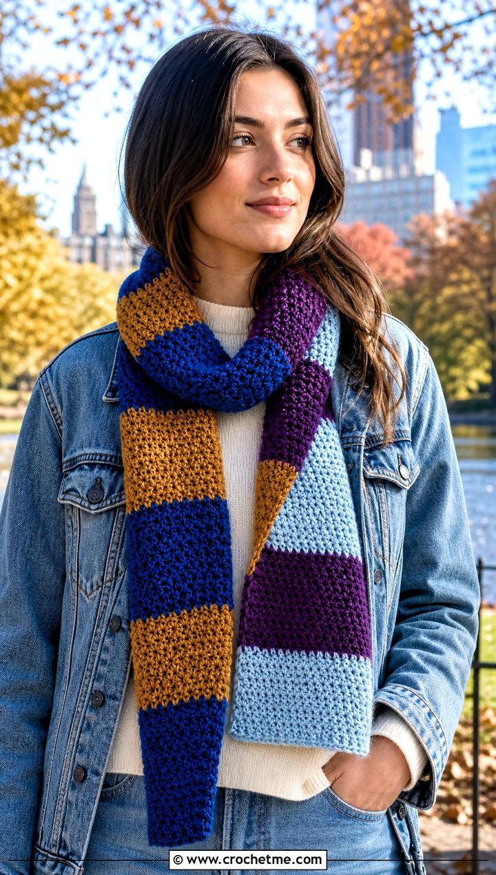 Reversible House Stripe Crochet Hogwarts Scarf With Weekend Basics - 30 crochet hogwarts scarf outfit ideas