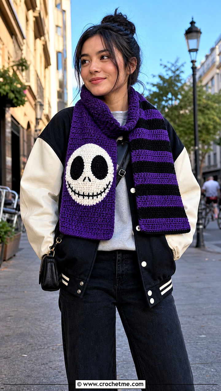 Reversible Jack Skellington Crochet Scarf With Varsity Jacket - 20 Crochet Jack Skellington Scarf outfit ideas