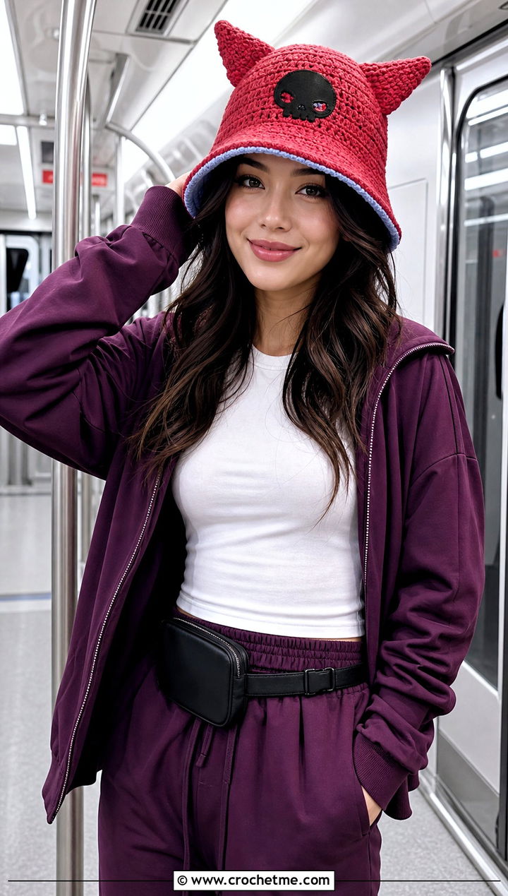 Reversible Kuromi Crochet Bucket Hat With Tracksuit - 15 Kuromi Crochet Bucket Hat outfit ideas