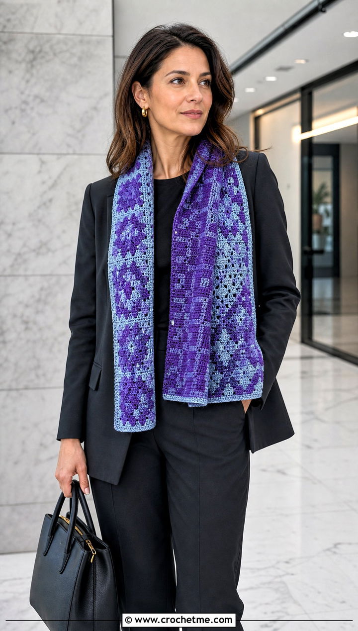 Reversible Mosaic Crochet Scarf With Monochrome Suit - 25 Mosaic Crochet Scarf outfit ideas