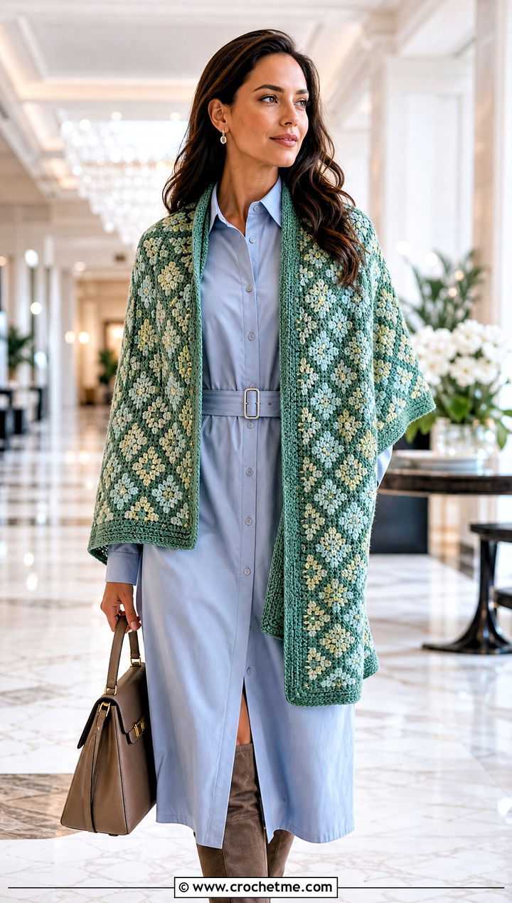 Reversible Mosaic Crochet Shawl With Shirt Dress - 30 mosaic crochet shawl outfit ideas
