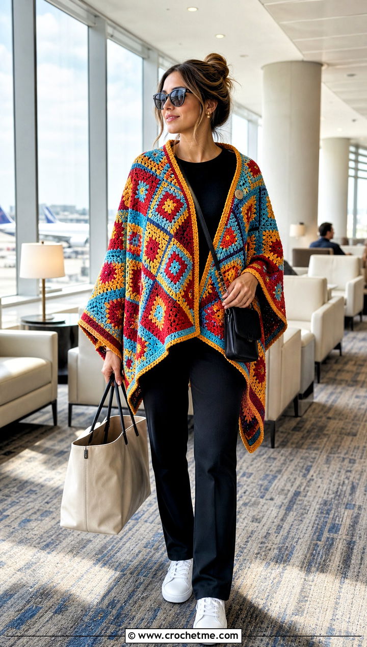 Reversible Mosaic Poncho With Monochrome Basics - 15 Mosaic Crochet Poncho outfit ideas