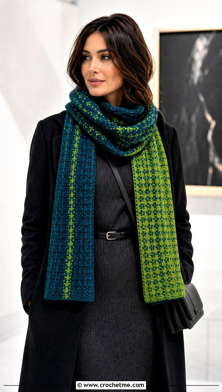 Reversible Mosaic Two Tone Crochet Scarf With Sweater Dress - 25 two tone crochet scarf outfit ideas