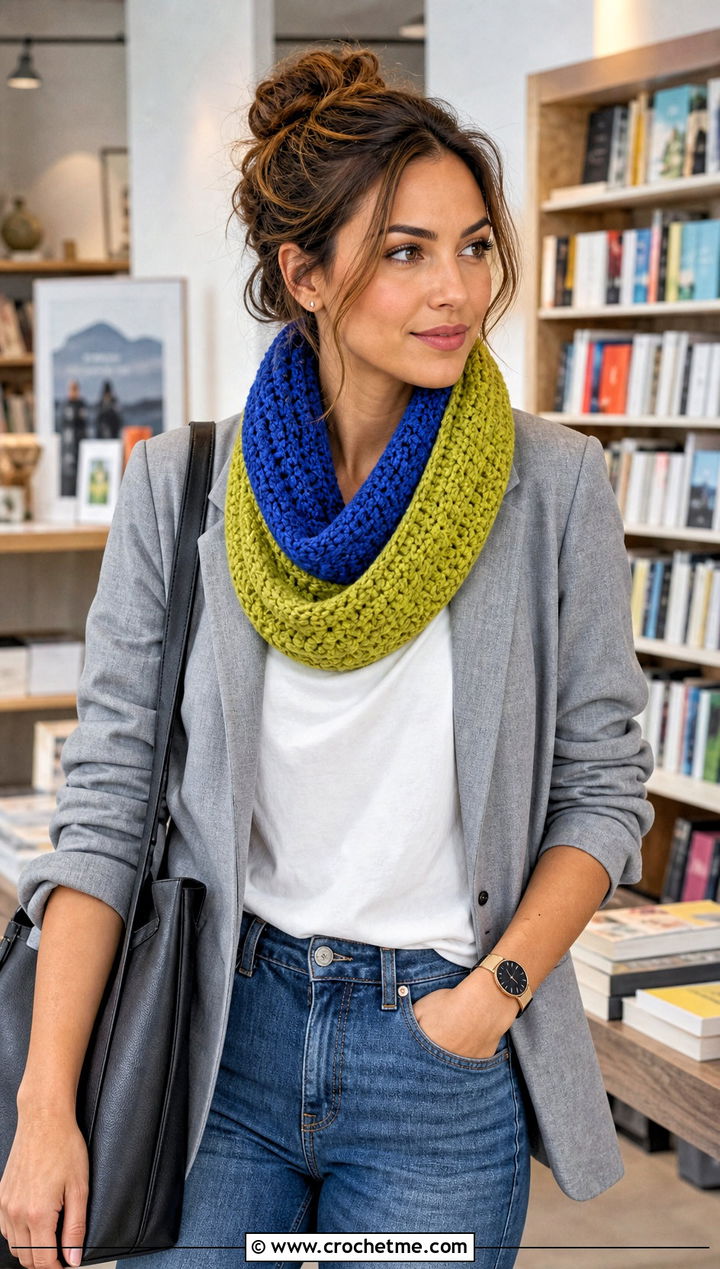 Reversible Moss Stitch Crochet Cowl With Blazer And Jeans - 15 Moss Stitch Crochet Cowl outfit ideas