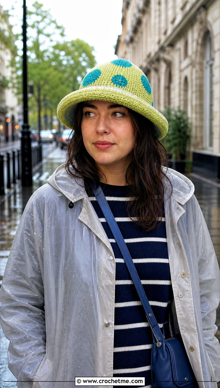 Reversible Mushroom Bucket Crochet Hat With Raincoat - 25 mushroom crochet hat outfit ideas