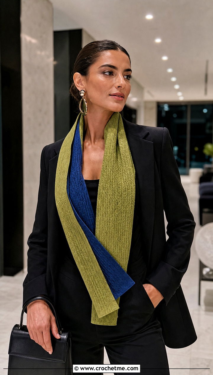 Reversible Natsu Scarf With Monochrome Evening Suit - 15 Crochet Natsu Scarf outfit ideas