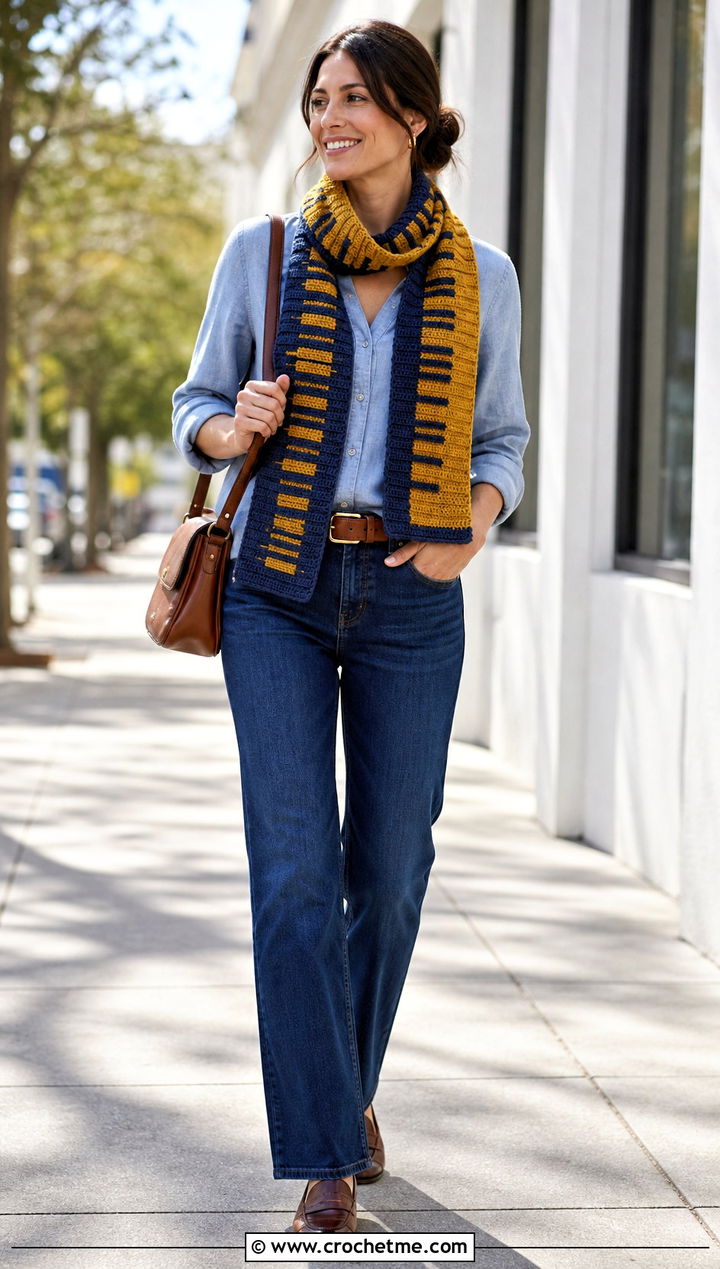 Reversible Piano Scarf With Double Denim - 35 crochet piano scarf outfit ideas