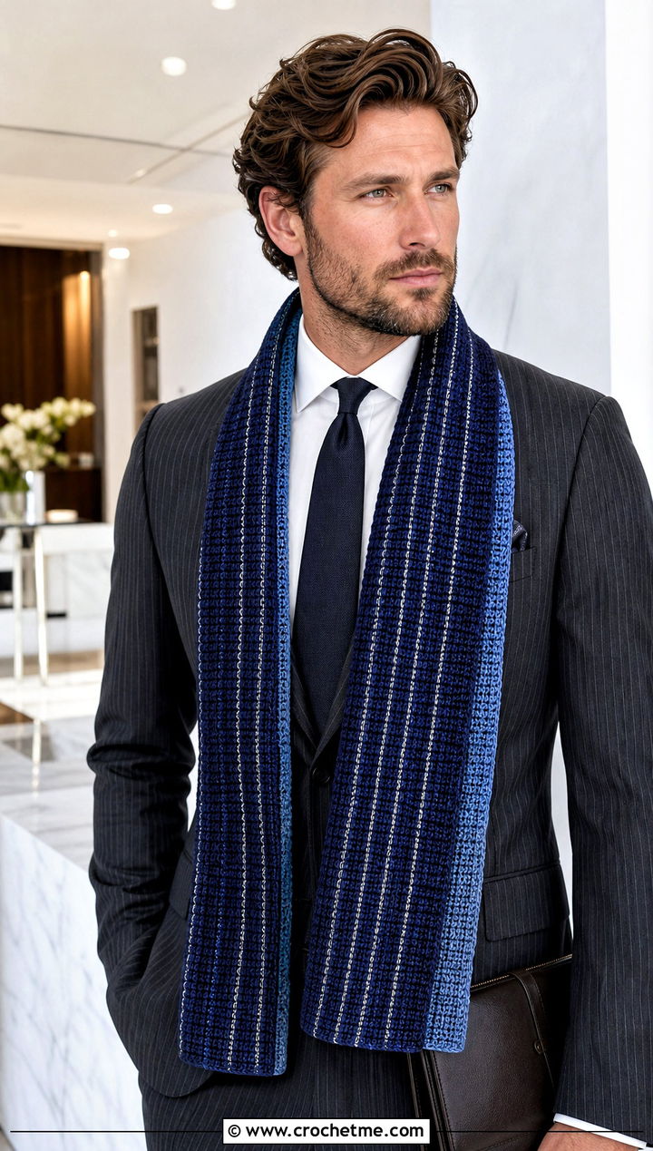 Reversible Pinstripe Crochet Scarf With Pinstripe Suit - 30 Mens Crochet Scarf outfit ideas