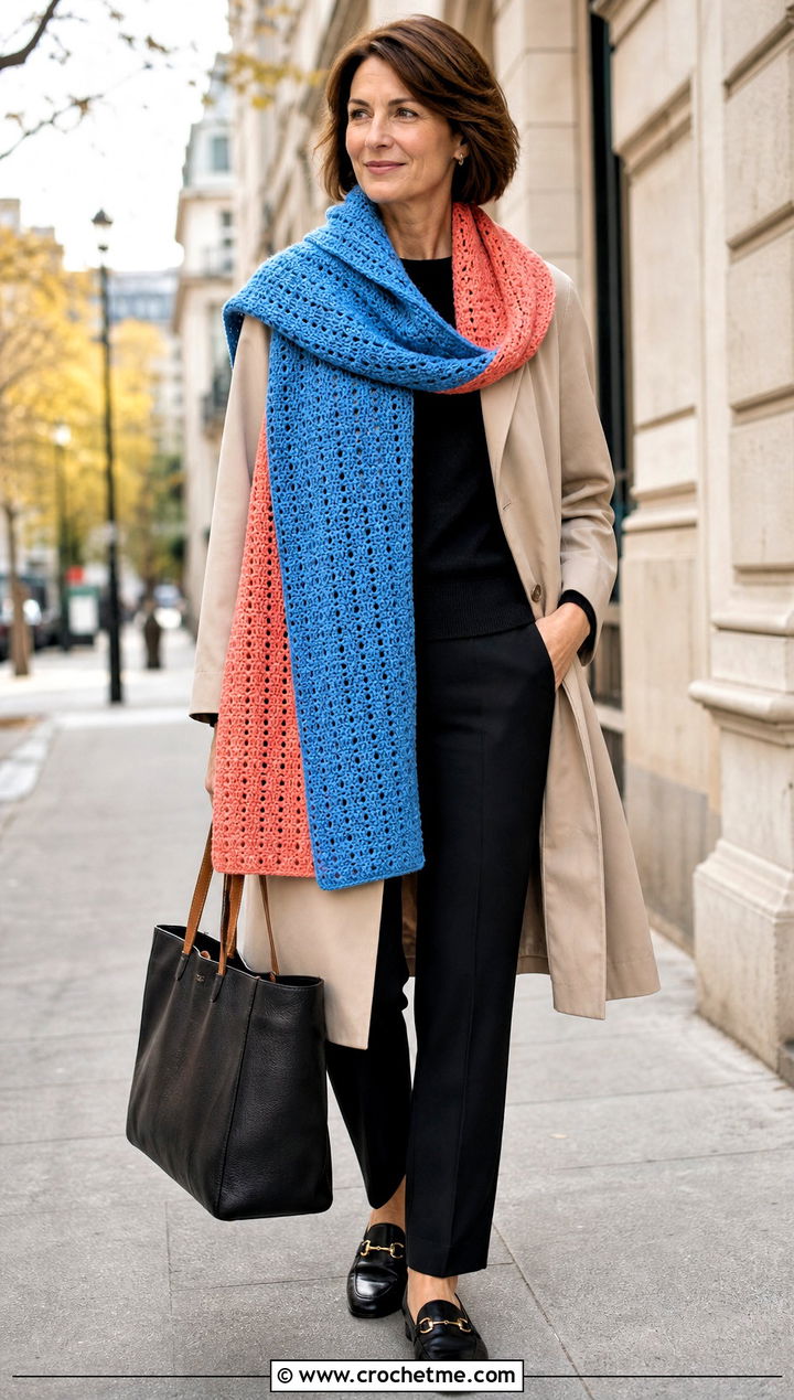 Reversible Rectangle Shawl With Trench Coat - 30 boho crochet shawl outfit ideas