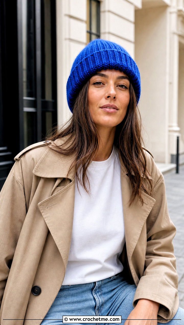 Reversible Ribbed Double Layer Crochet Beanie With Trench Coat - 15 Double Layer Crochet Hat outfit ideas