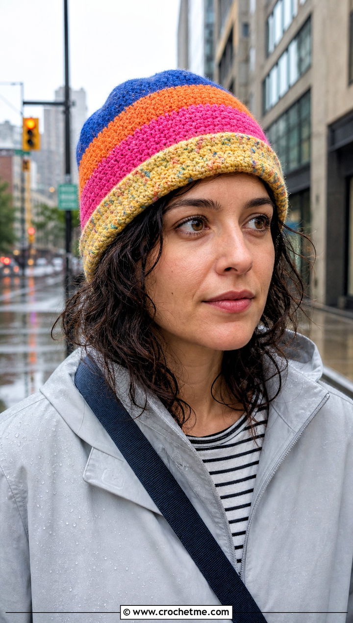 Reversible Scrap Yarn Crochet Beanie With Raincoat - 30 scrap yarn crochet beanie outfit ideas