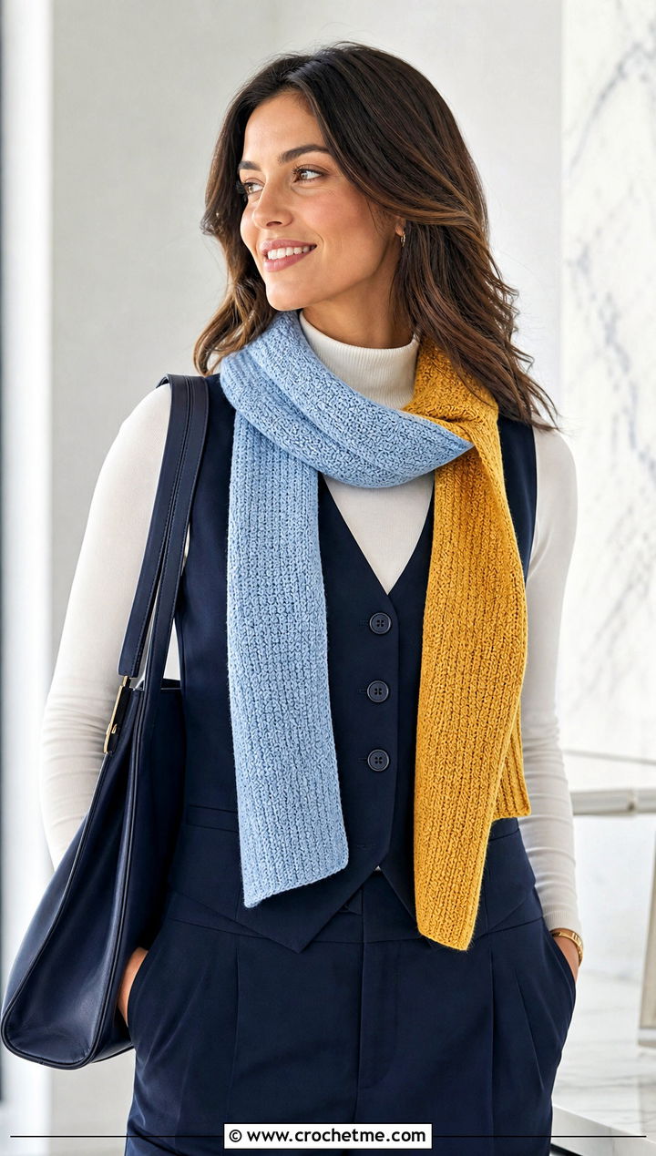 Reversible Single Crochet Scarf With Vest And Pleated Trousers - 25 Single Crochet Scarf outfit ideas