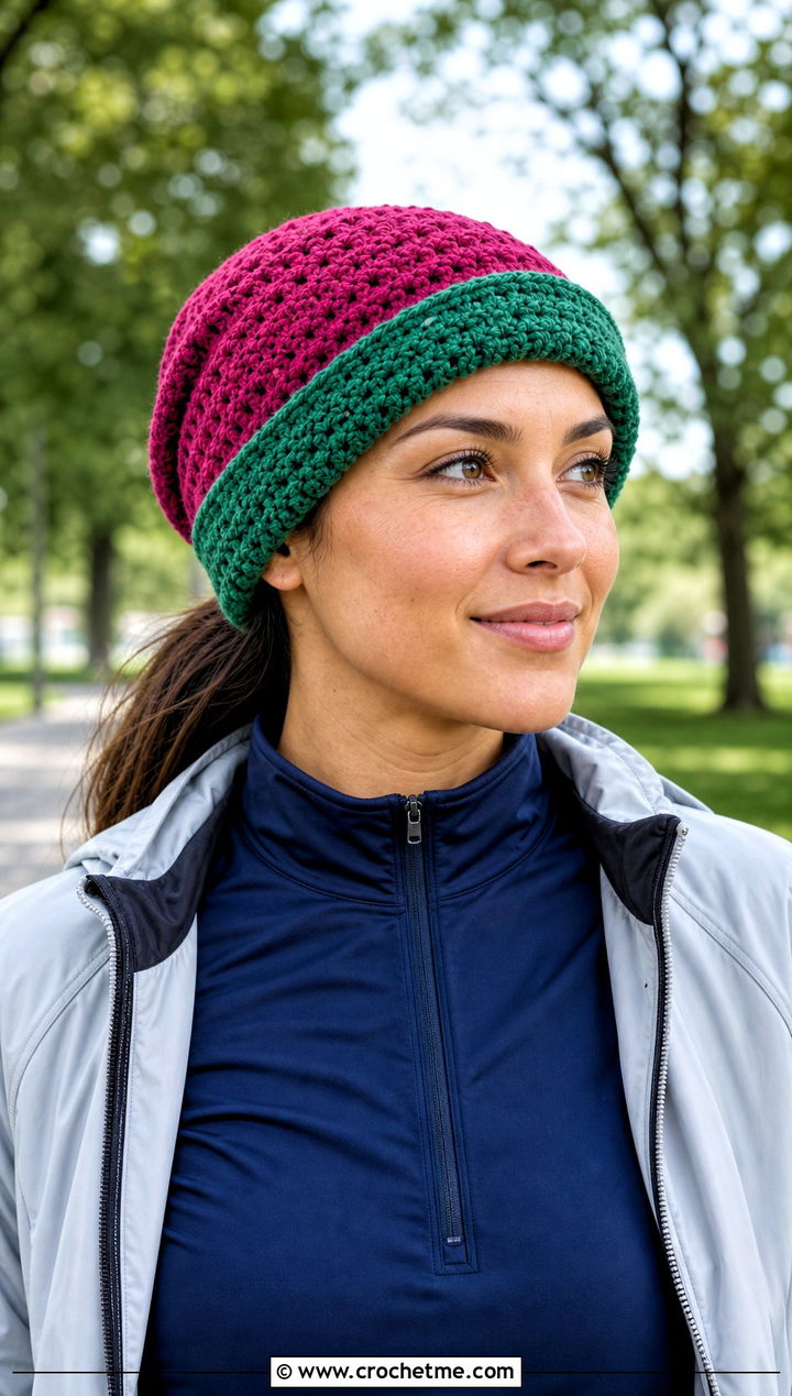 Reversible Slouch Crochet Beanie With Athleisure Outfit - 30 slouch crochet beanie outfit ideas