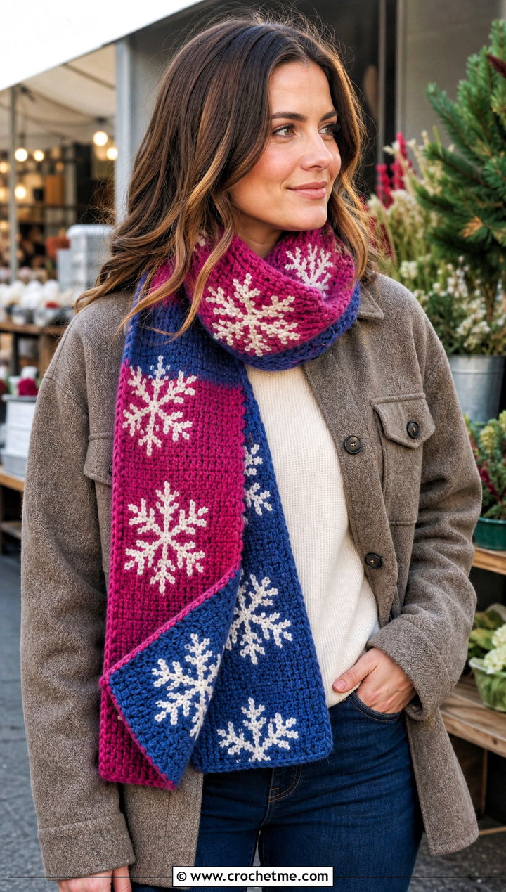 Reversible Snowflake Crochet Scarf With Shacket - 25 Snowflake Crochet Scarf outfit ideas