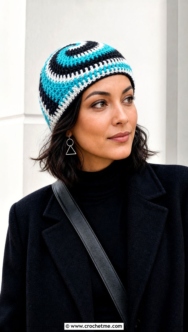 Reversible Spiral Beanie With Monochrome Outfit - 15 crochet swirl beanie outfit ideas