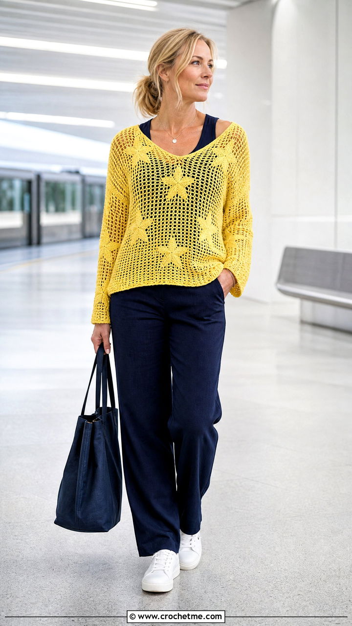 Reversible Star Sweater With Monochrome Separates - 35 crochet star sweater outfit ideas
