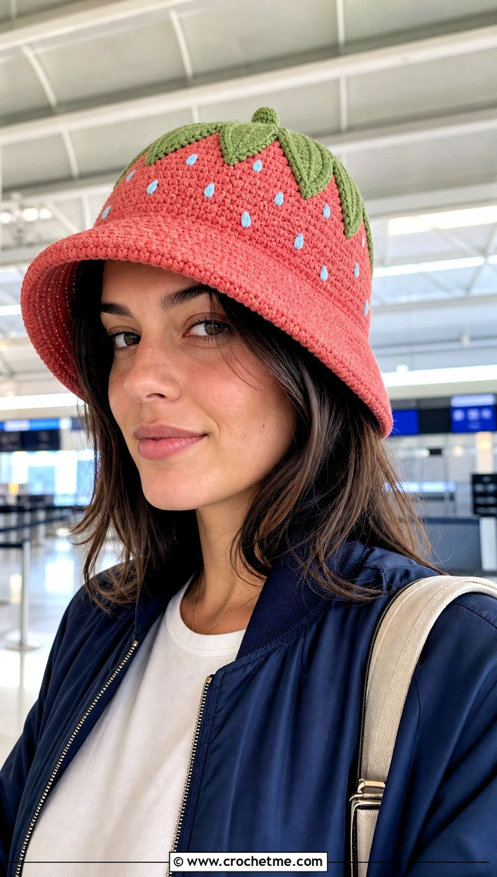 Reversible Strawberry Crochet Bucket Hat With Travel Outfit - 30 strawberry crochet hat outfit ideas