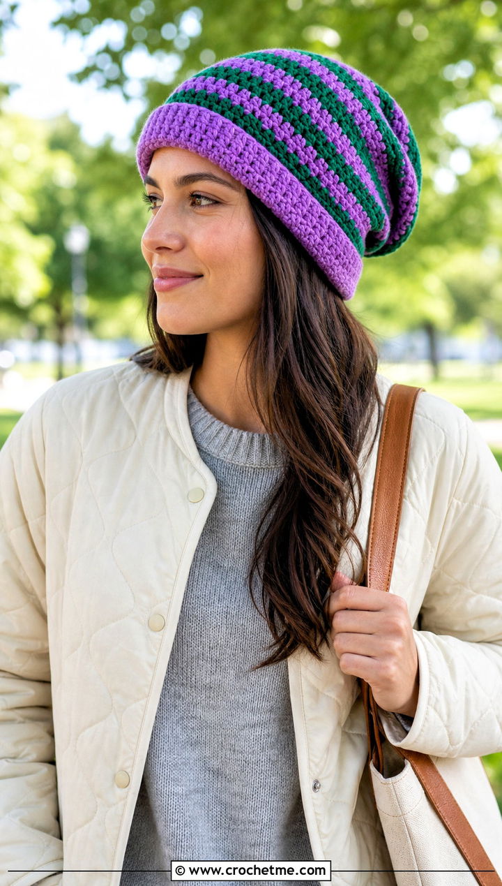 Reversible Stripe Slouchy Crochet Beanie With Quilted Jacket - 15 Striped Slouchy Crochet Beanie outfit ideas