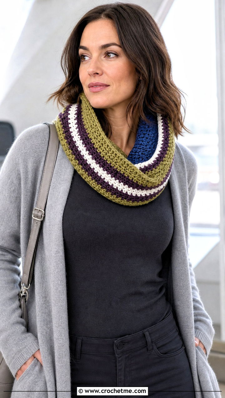 Reversible Striped Crochet Cowl With Monochrome Outfit - 15 striped crochet cowl outfit ideas