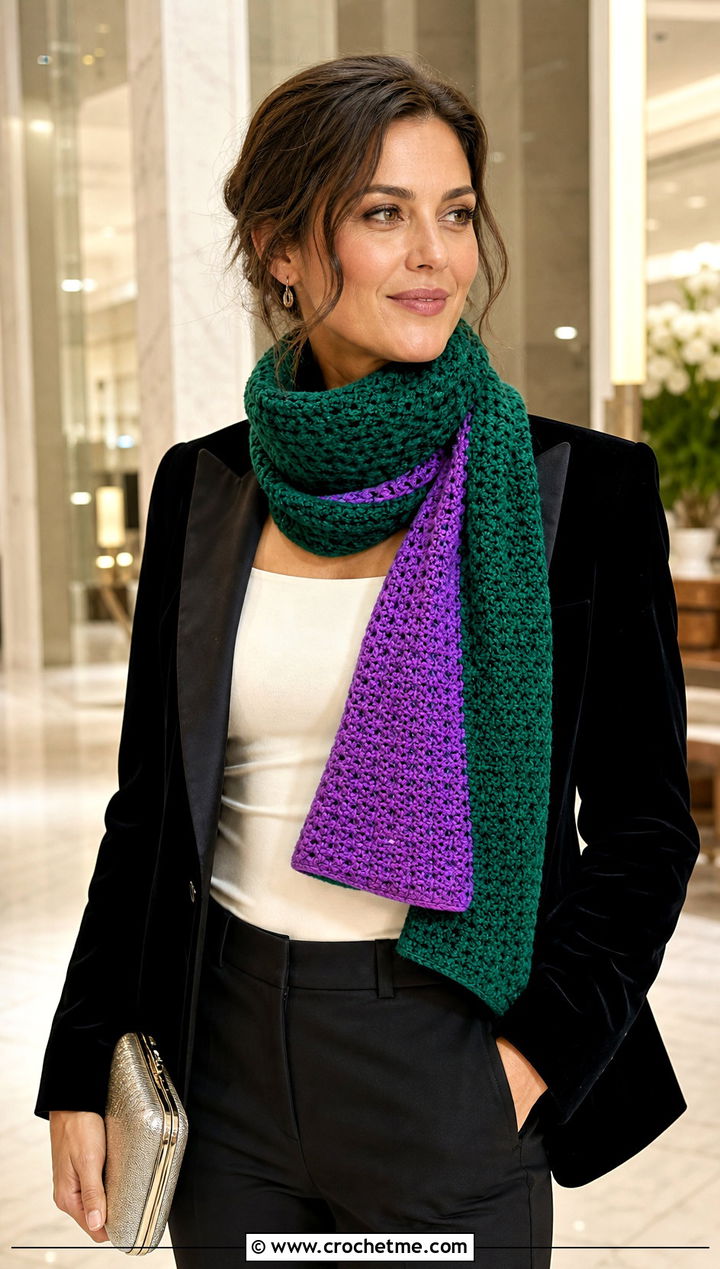 Reversible Thermal Stitch Crochet Scarf With Evening Blazer - 20 Thermal Stitch Crochet Scarf outfit ideas