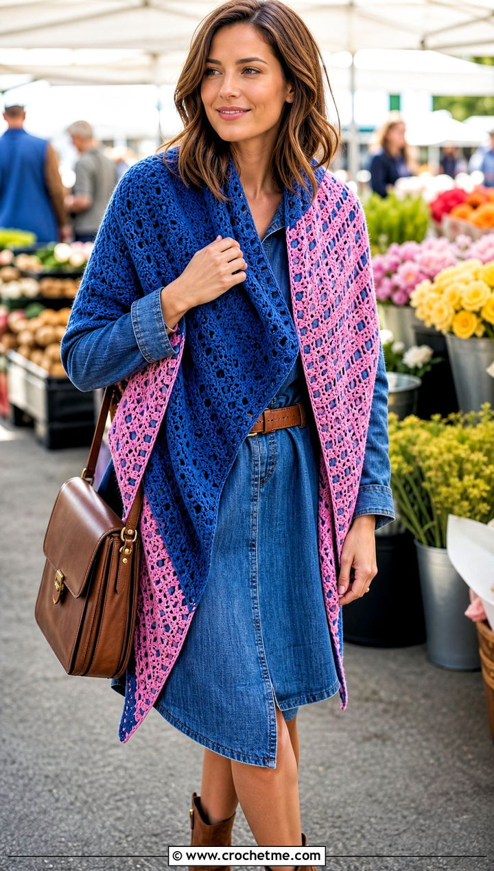 Reversible Triangle Crochet Shawl With Denim Dress And Ankle Boots - 30 easy triangle crochet shawl outfit ideas