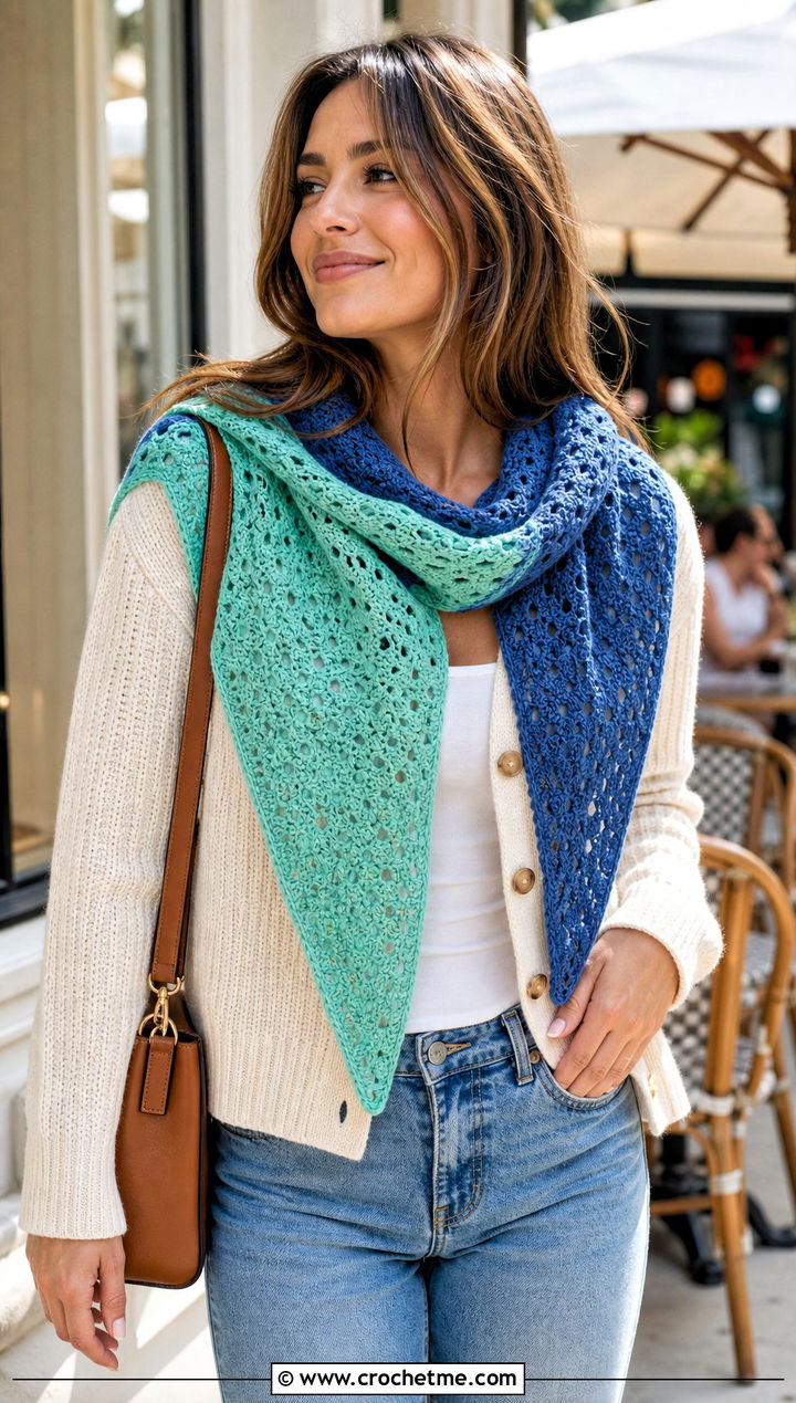 Reversible Triangle Shawl With Cardigan And Jeans - 30 easy crochet triangle shawl outfit ideas