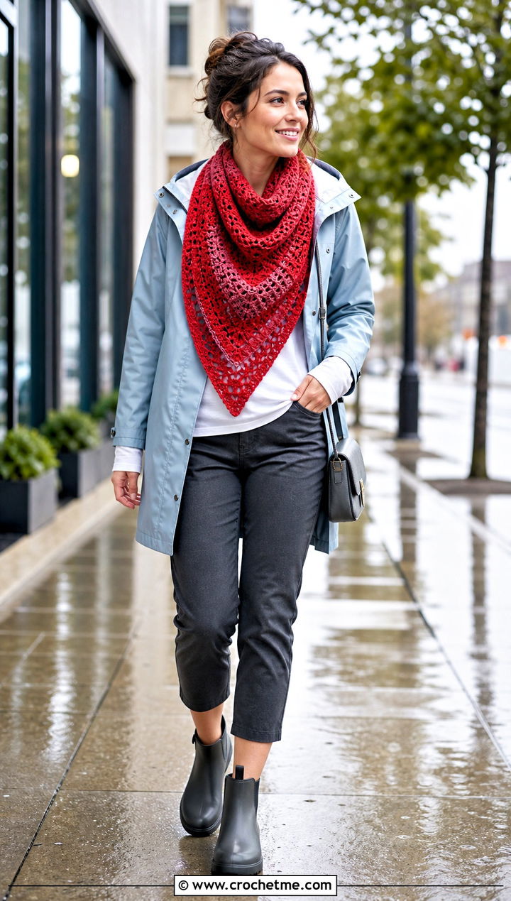 Reversible Triangle Shawl With Raincoat And Ankle Boots - 35 Easy Simple Crochet Triangle Shawl outfit ideas