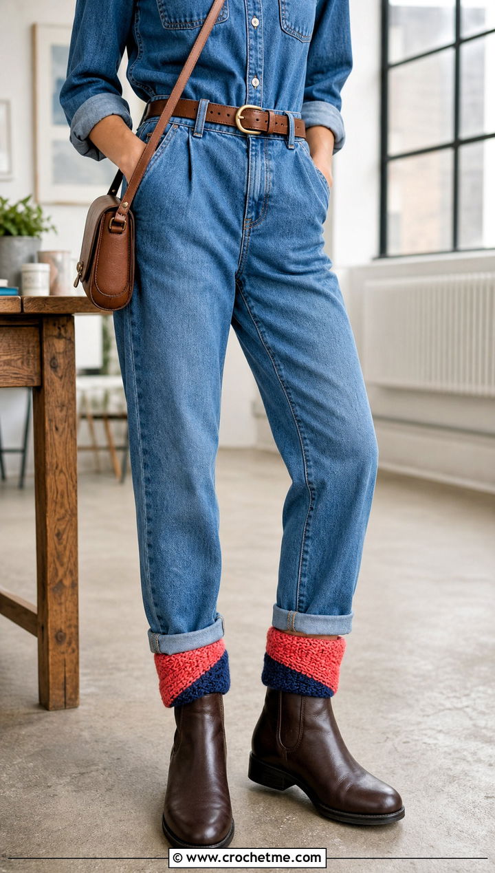 Reversible Tunisian Crochet Boot Cuffs With Denim Jumpsuit and Ankle Boots - 30 crochet boot cuff outfit ideas