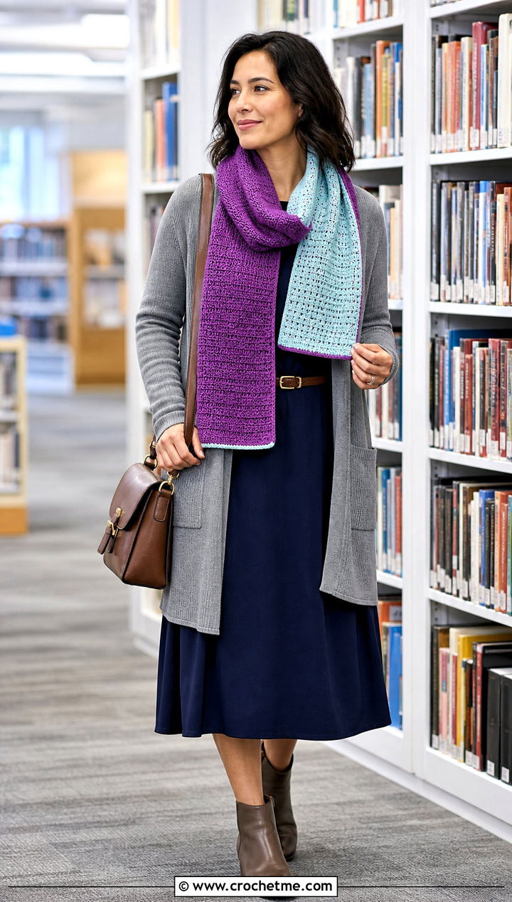 Reversible Tunisian Crochet Scarf With Cardigan and Midi Dress - 20 Easy Tunisian Crochet Scarf outfit ideas
