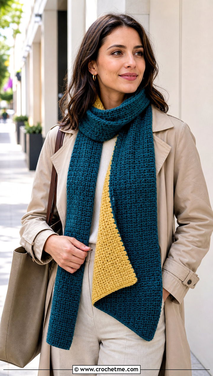 Reversible Tunisian Crochet Scarf With Trench Coat - 30 2 color crochet scarf outfit ideas
