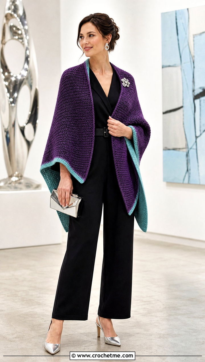 Reversible Tunisian Crochet Wrap With Black Jumpsuit - 25 Tunisian Crochet Wrap outfit ideas