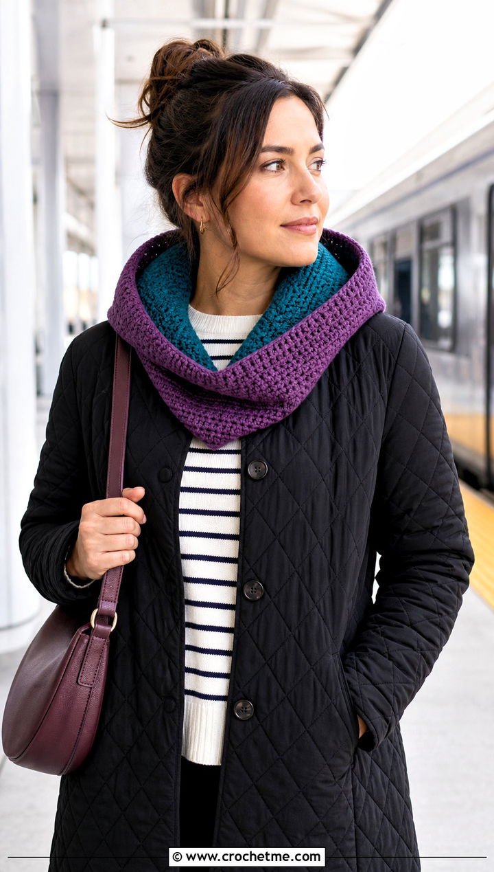Reversible Tunisian Hooded Cowl With Quilted Coat - 15 Tunisian Crochet Hooded Cowl outfit ideas