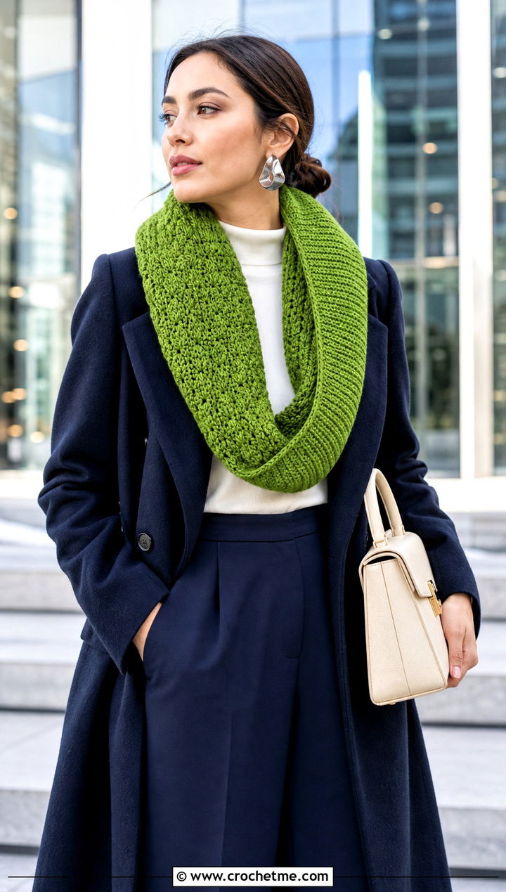 Reversible Tunisian Infinity Scarf With Wool Coat And Wide Leg Pants - 15 Tunisian Crochet Infinity Scarf outfit ideas