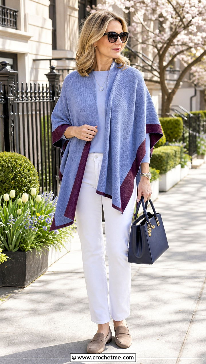 Reversible Tunisian Poncho With White Jeans - 30 tunisian crochet poncho outfit ideas