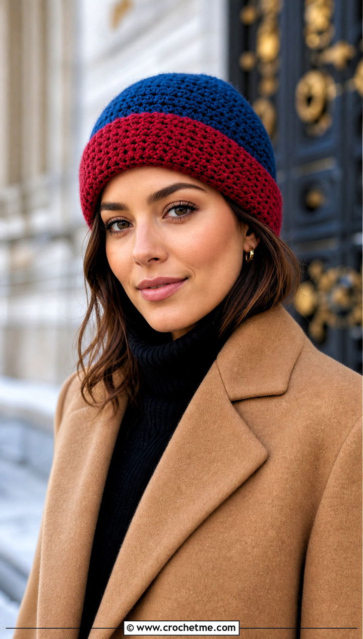 Reversible Two Tone Crochet Beanie With Wool Coat - 15 two tone crochet beanie outfit ideas