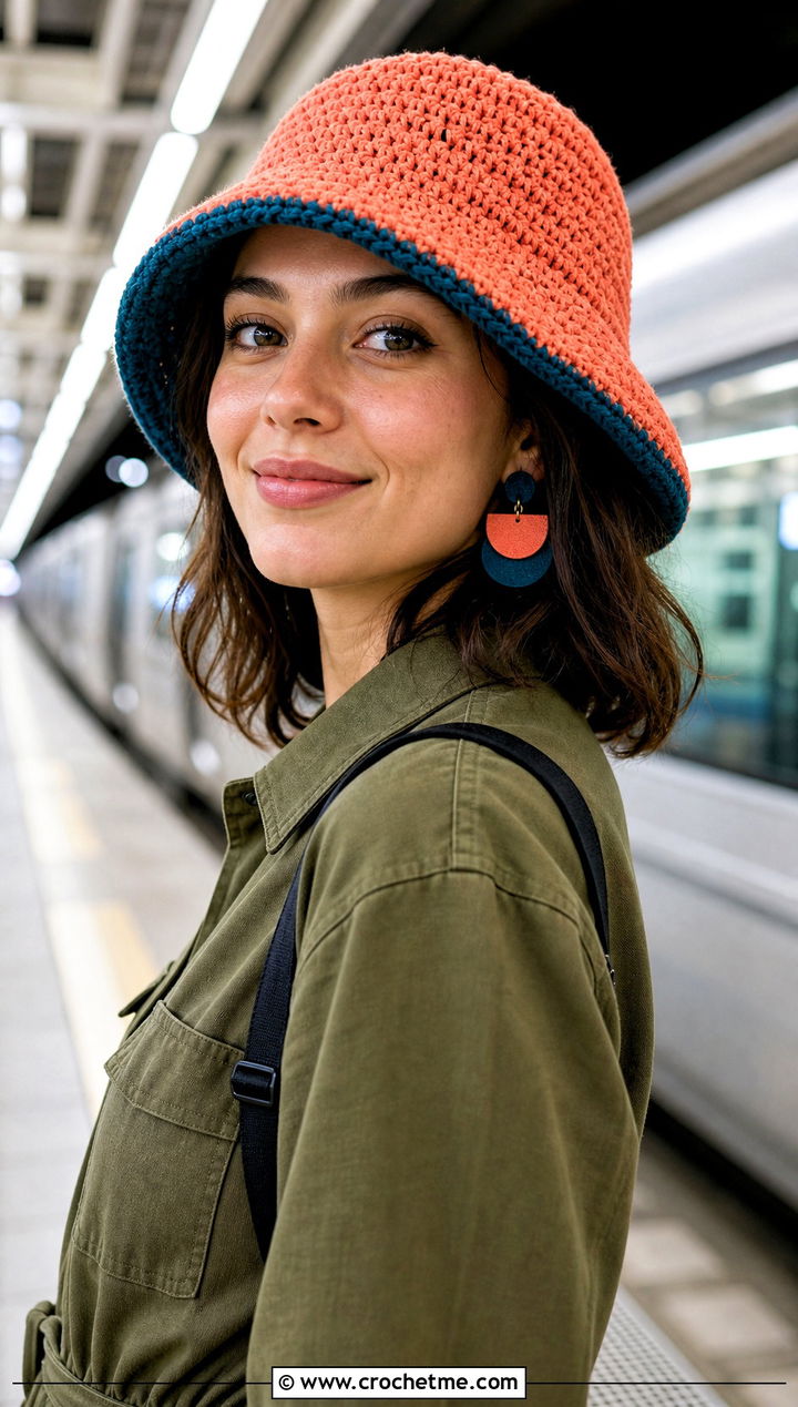 Reversible Two Tone Crochet Bucket Hat With Utility Jumpsuit - 15 crochet trendy bucket hat outfit ideas