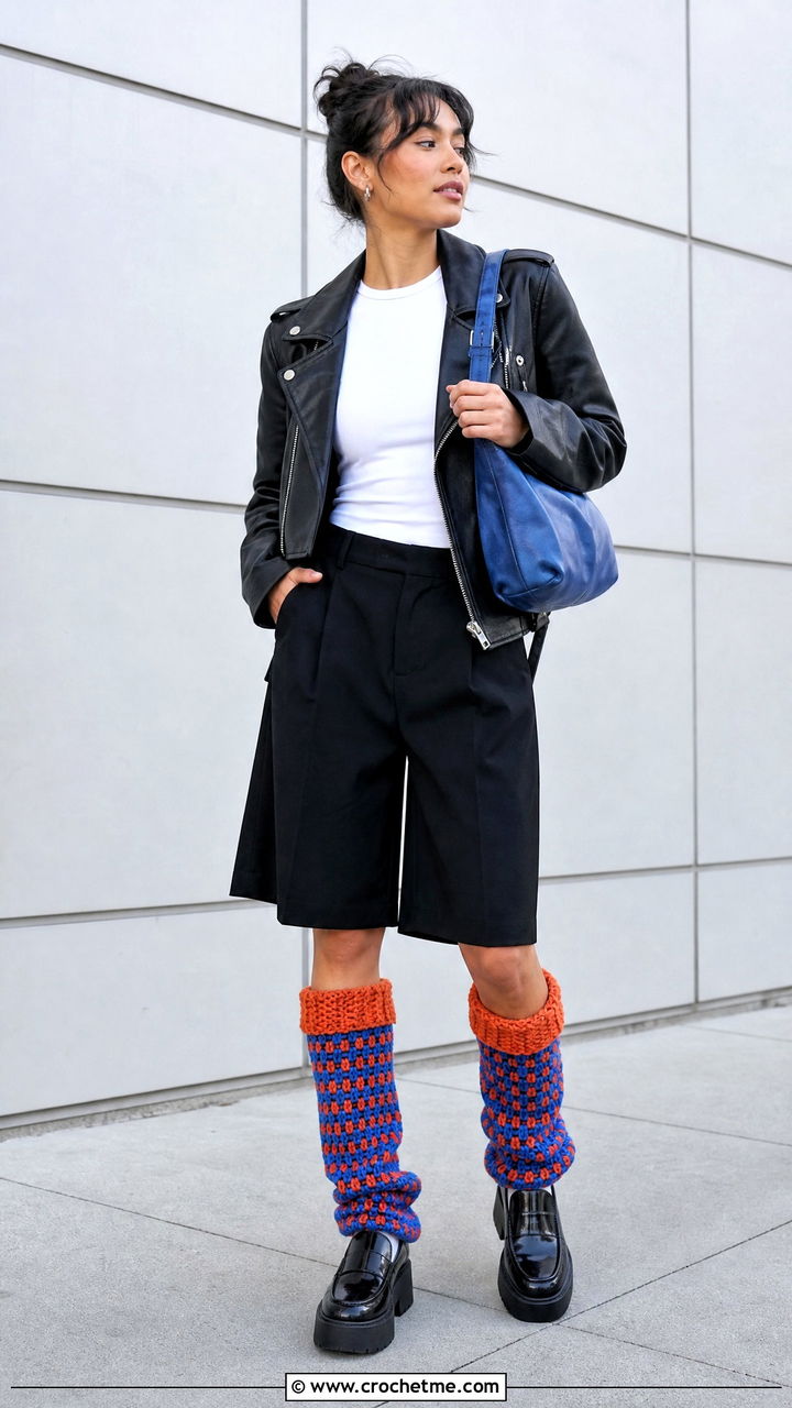 Reversible Two Tone Crochet Leg Warmers With Culottes - 35 crochet leg warmers outfit ideas