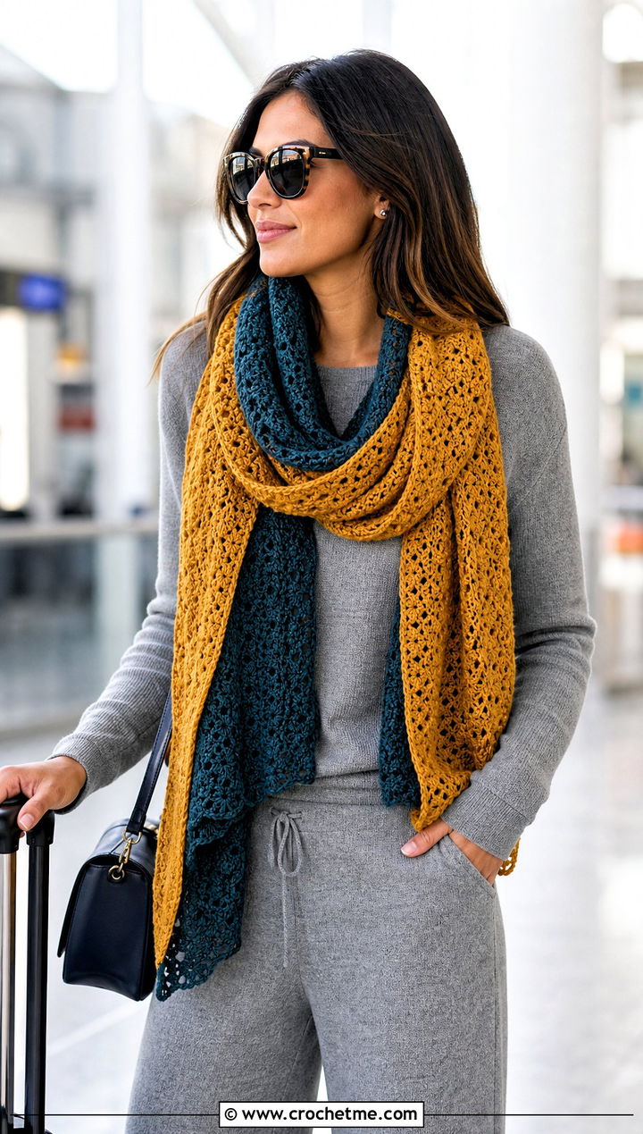 Reversible Wide Scarf With Monochrome Knit Set And Sneakers - 20 Crochet Wide Scarf outfit ideas