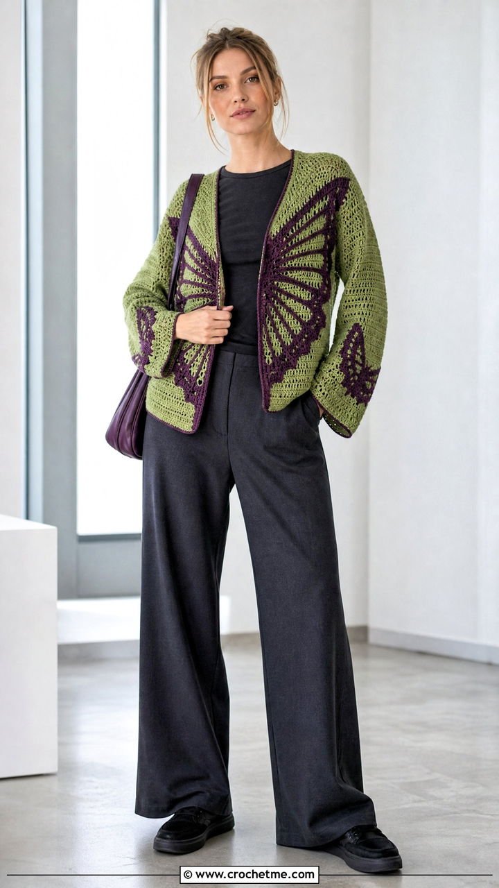 Reversible Wing Crochet Butterfly Cardigan With Monochrome Separates - 35 crochet butterfly cardigan outfit ideas