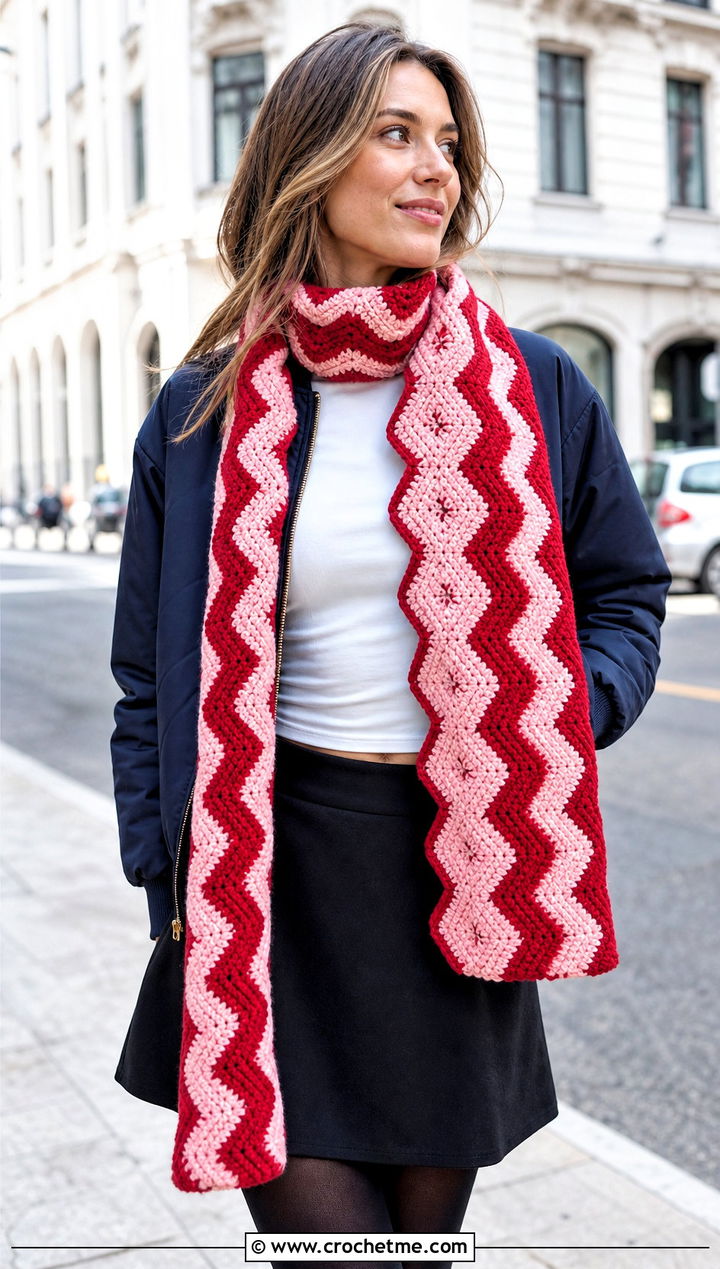 Reversible Zig Zag Crochet Scarf With Bomber Jacket - 25 Zig Zag Crochet Scarf outfit ideas